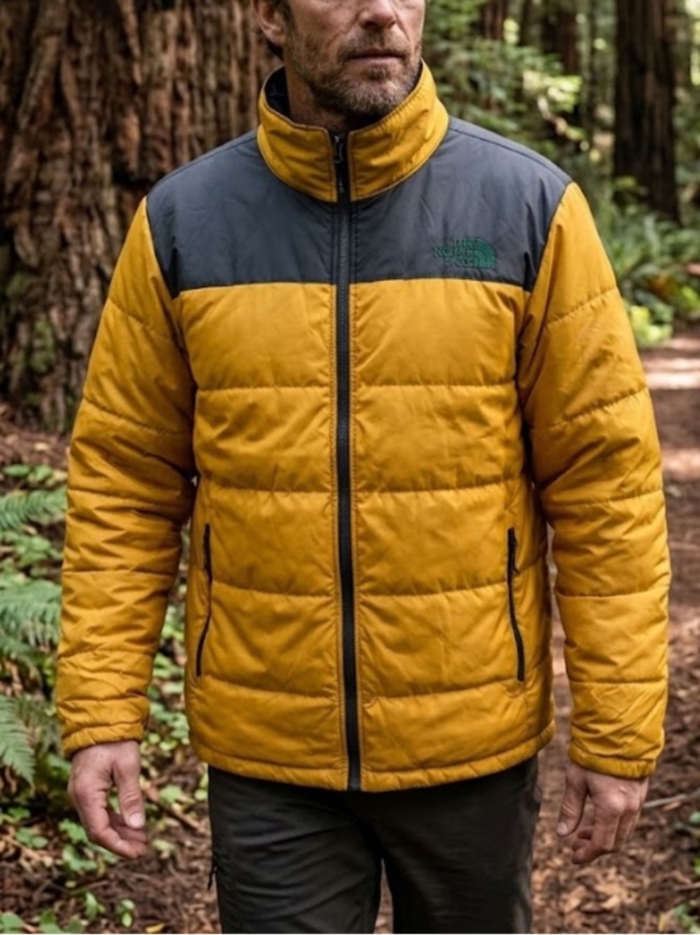 The North Face Puffer Quilted Jacket in Yellow/Gold and Black Colorblock - XL